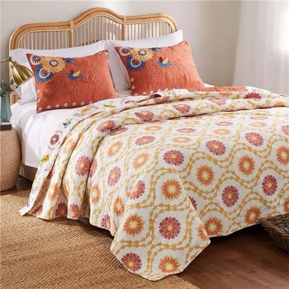 NEW Anthro Queen / King Floral Boho Reversible Quilt Bedspread Blanket Sham Set - Picture 6 of 13